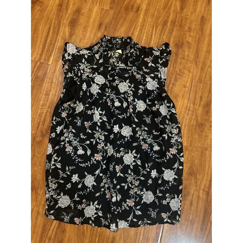 Midnight Sky Women's Shear Black Floral Print High‎ Neck Sleeveless Top Size L